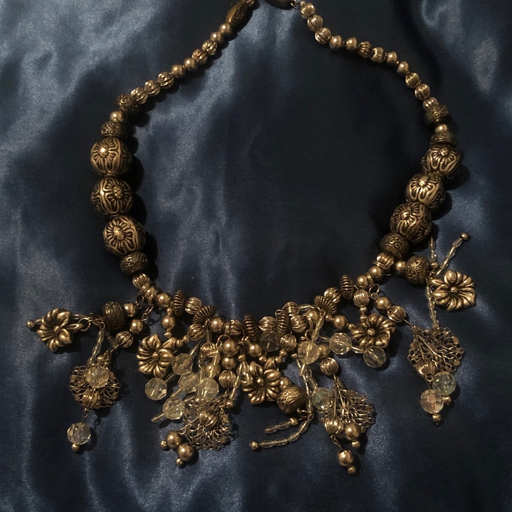 Antique Silver Floral Dangle Statement Necklace - Women's Fashion Jewelry 1980’s